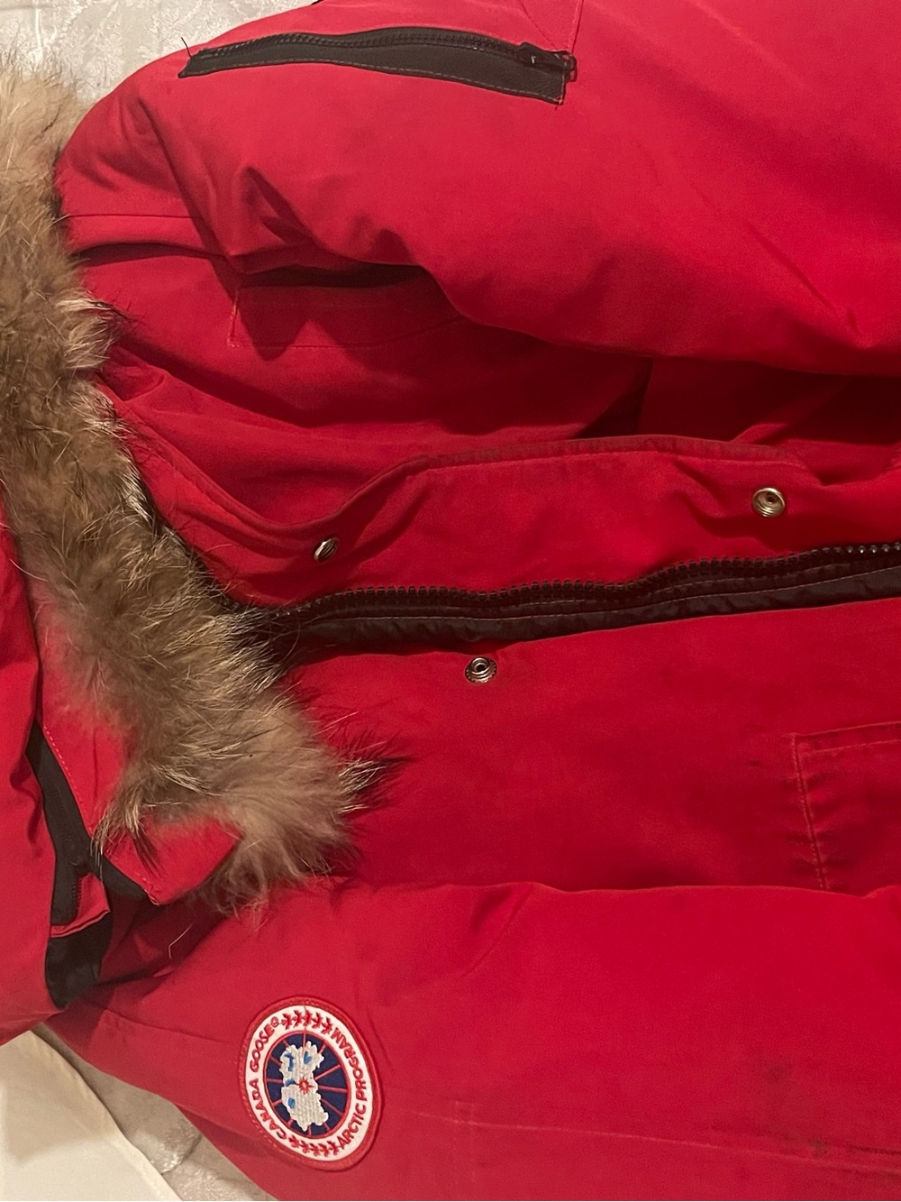 Red Parka Jacket with Fur Trim size xl